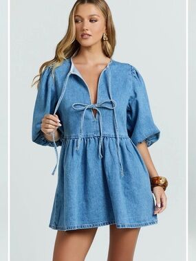 NWT Showpo Shailene Tie Front Denim Babydoll Dress size 8